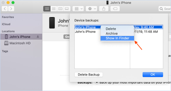locate a specific backup on Mac